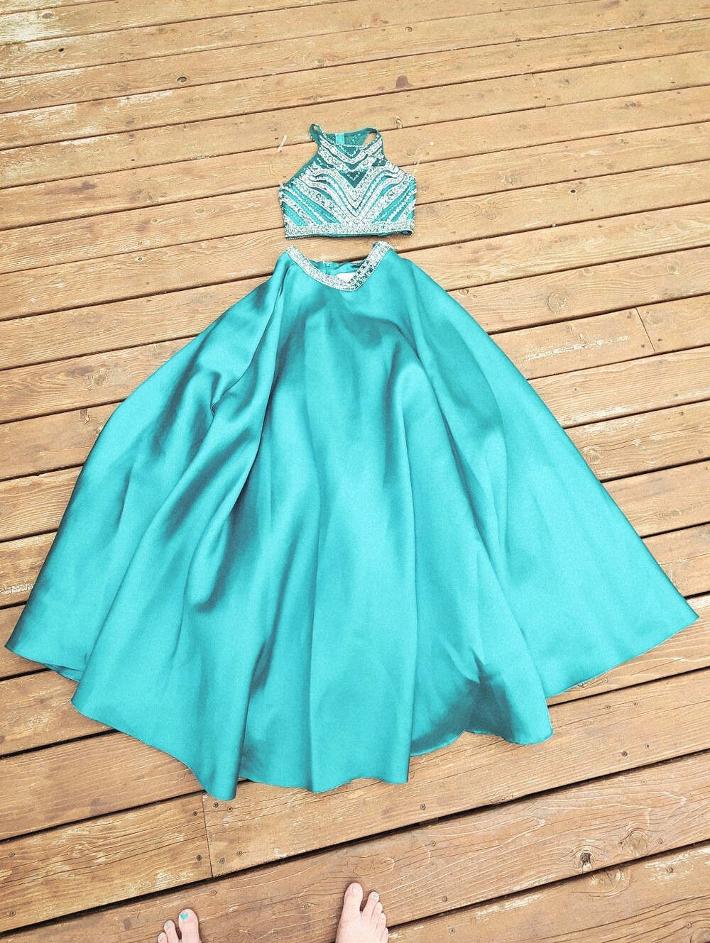 Teal Two-Piece Beaded Halter Prom Dress